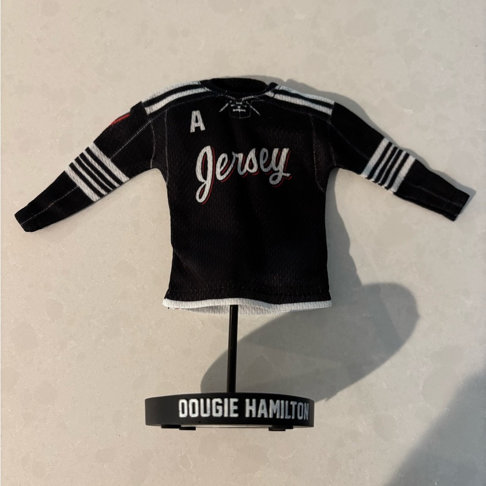 NJ Devils Dougie Hamilton Miniature Jersey. Comes with a stand.
